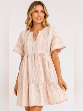 dRA Los Angeles Moore Dress NWT Medium Pink Stripe Crinkle Cotton Babydoll Mini